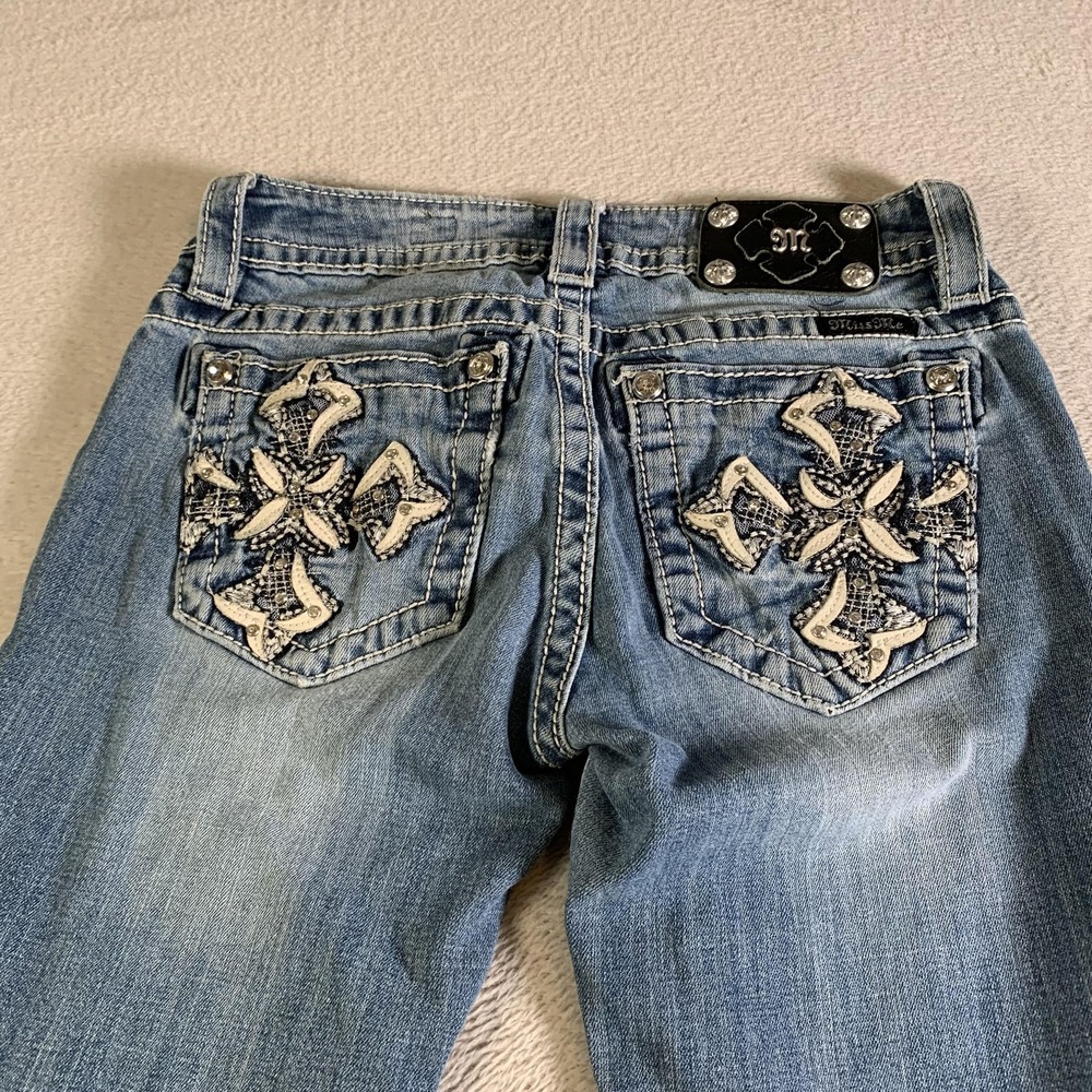 Miss Me Skinny Jeans Womens 25‎ Blue Medium Wash Embroidered Rhinestone JV8282S